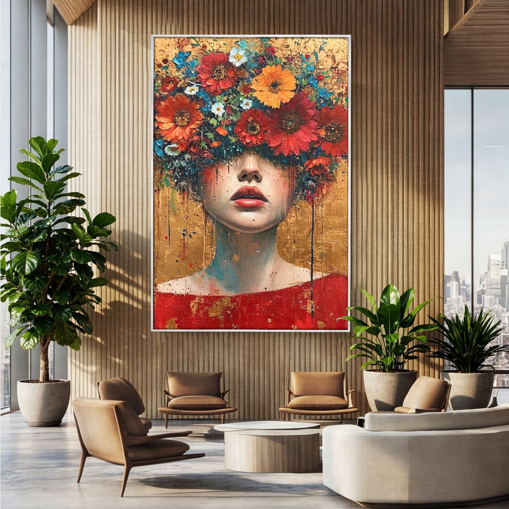 Tablou canvas cu tablou canvas cu portret de femeie si flori, in rama de aluminiu argintiu, pe perete intr-un birou